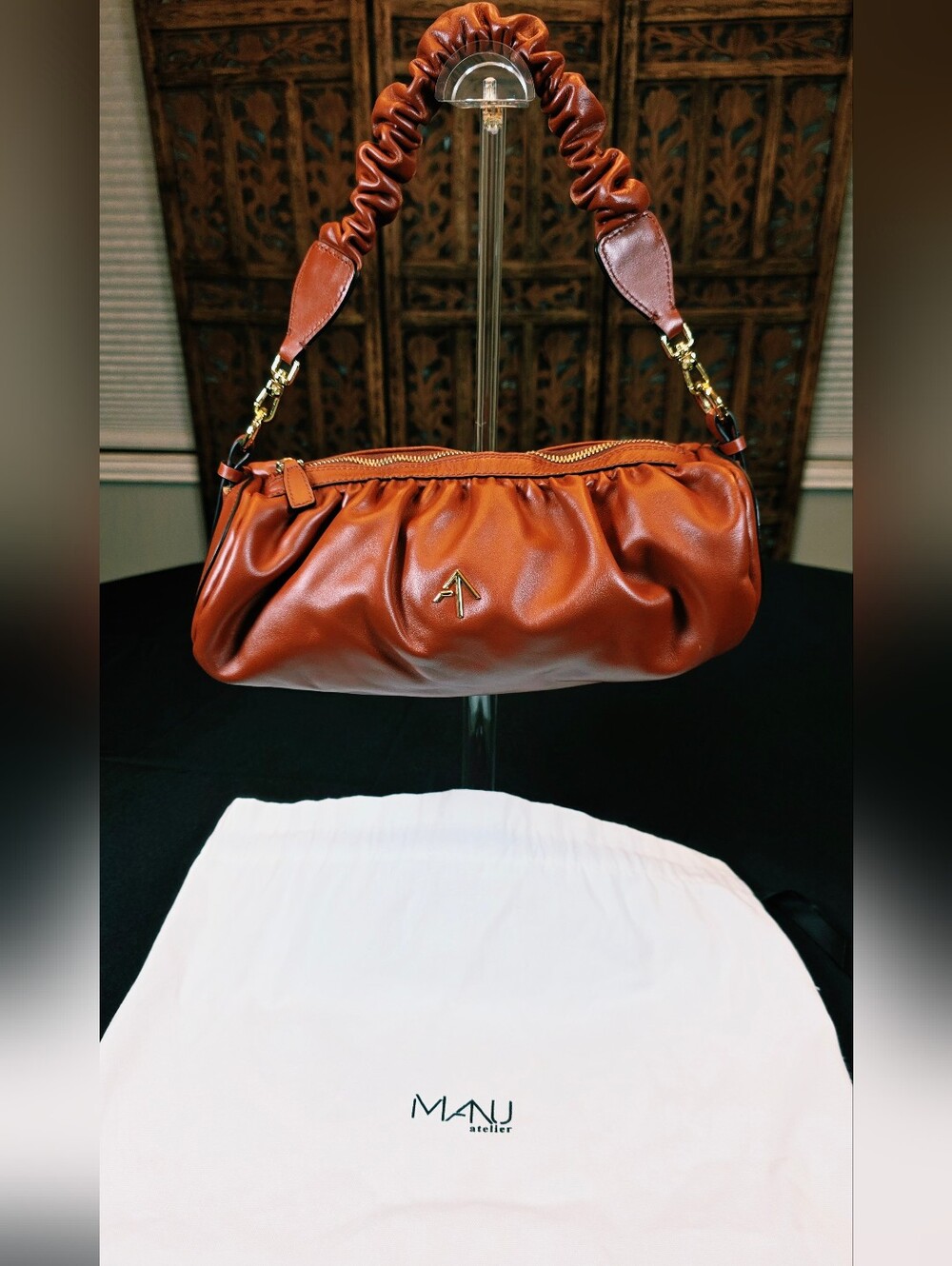 Manu Atelier Cognac Ruched Leather Shoulder Bag